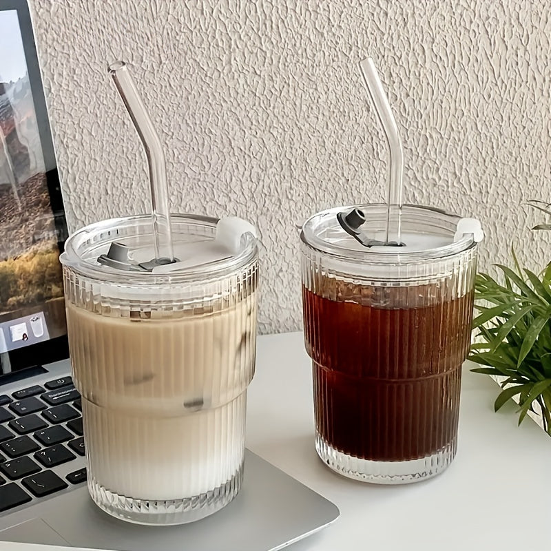 Stylish 450ml Stripe Glass Cup with Lid & Straw – Perfect for Iced Coffee and Tea