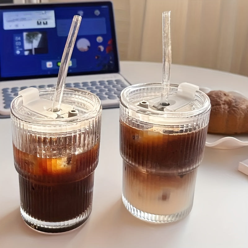 Stylish 450ml Stripe Glass Cup with Lid & Straw – Perfect for Iced Coffee and Tea