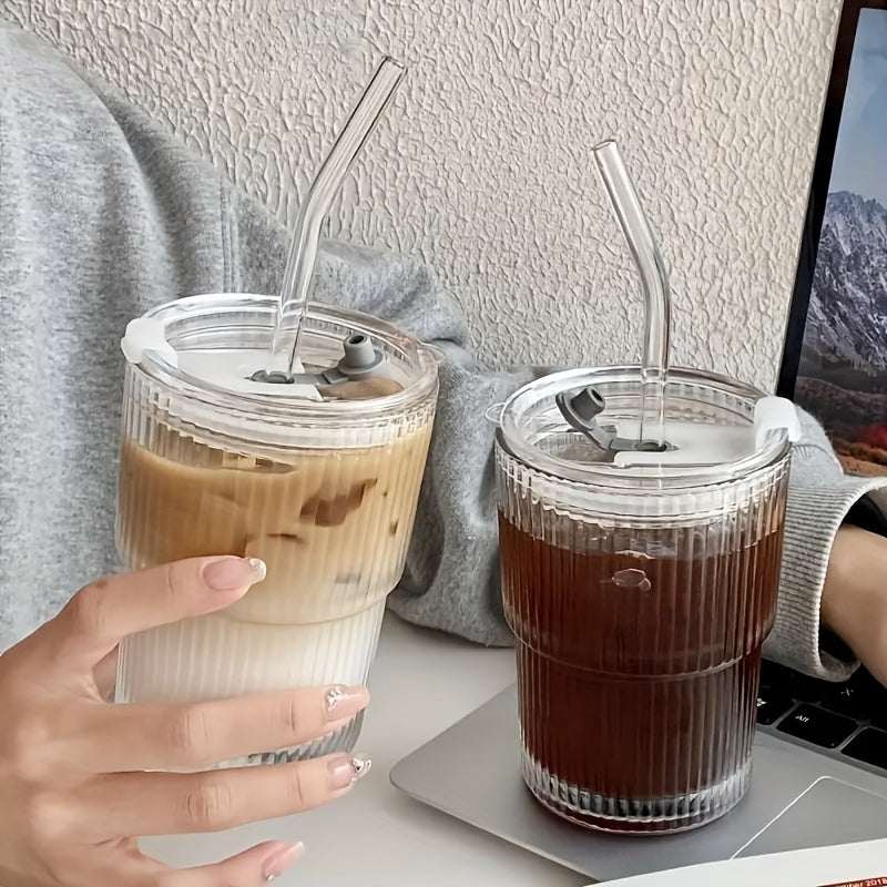 Stylish 450ml Stripe Glass Cup with Lid & Straw – Perfect for Iced Coffee and Tea