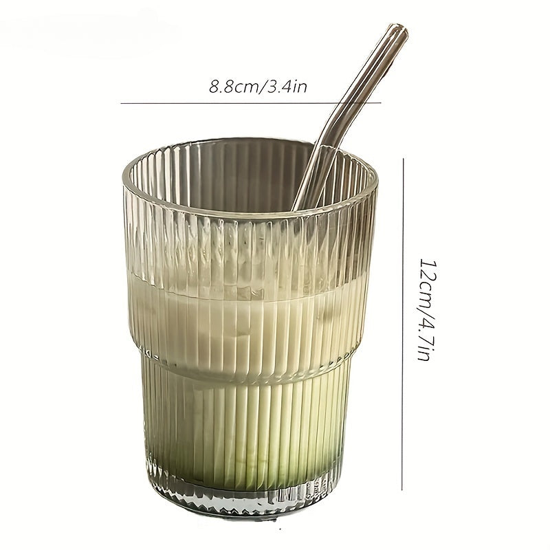 Stylish 450ml Stripe Glass Cup with Lid & Straw – Perfect for Iced Coffee and Tea