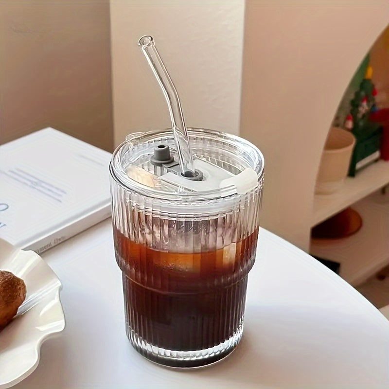 Stylish 450ml Stripe Glass Cup with Lid & Straw – Perfect for Iced Coffee and Tea