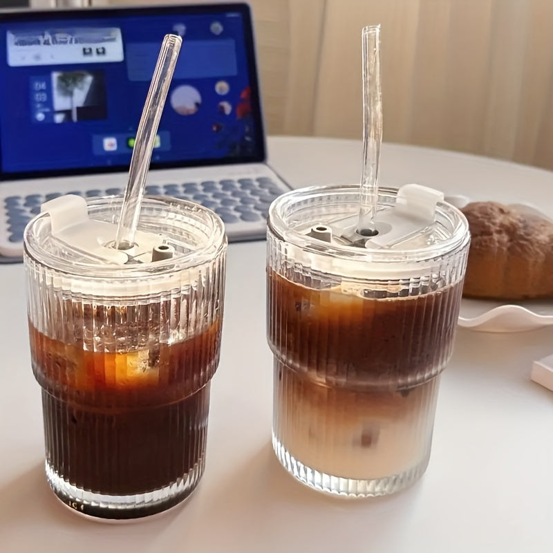 Stylish 450ml Stripe Glass Cup with Lid & Straw – Perfect for Iced Coffee and Tea